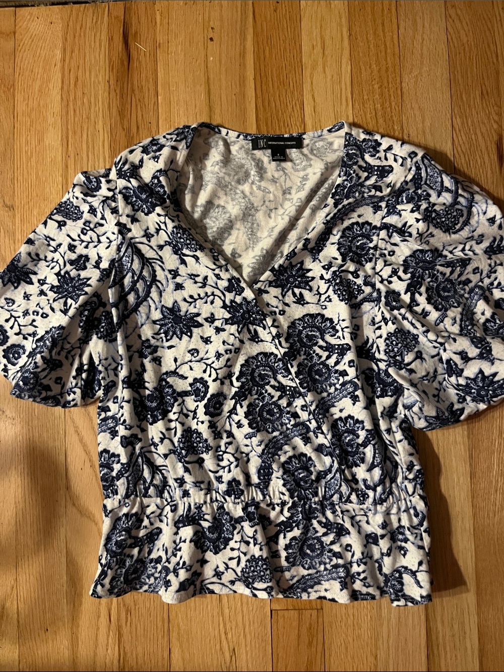 INC International Concepts White and Navy Floral Faux Wrap Blouse